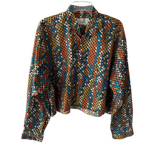 Cropped Sahara Club Button Up Mens Large Geometric Print Upcycled Tailored - Picture 1 of 5